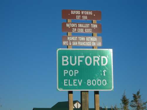 Sign for Buford, Wyoming, noting it's the nation's smallest town, established in 1866, with an elevation of 8,000 feet.