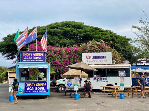 Two food trucks with colorful signage, surrounded by greenery and flowers, with people seated at outdoor tables.