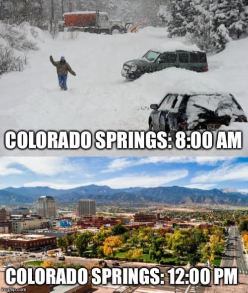 A split image showing Colorado Springs covered in snow at 8 AM and a clear, sunny view at 12 PM.