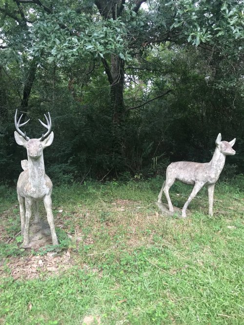 Two deer statues, one with antlers and the other without, stand in a grassy area surrounded by trees.