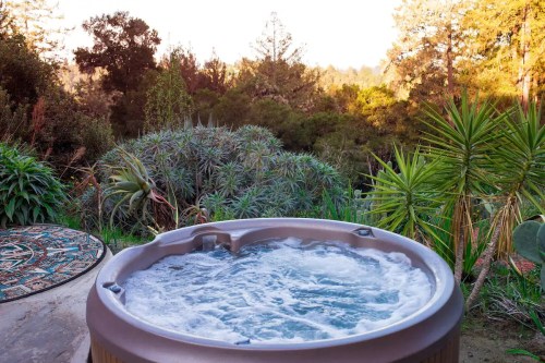 A hot tub surrounded by lush greenery and trees, with a serene landscape in the background.