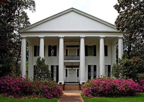 A white, columned mansion surrounded by blooming pink flowers and lush greenery under a cloudy sky.