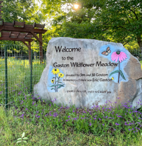 A stone sign reads "Welcome to the Gaston Wildflower Meadow," surrounded by greenery and wildflowers.