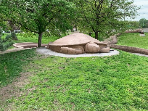 A large, turtle-shaped sculpture rests on grassy ground, surrounded by trees in a park setting.