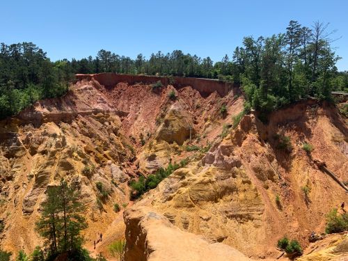 A colorful canyon with steep, layered cliffs and green trees under a clear blue sky.