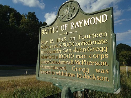 Historical marker for the Battle of Raymond, detailing the events of May 12, 1863, during the Civil War.