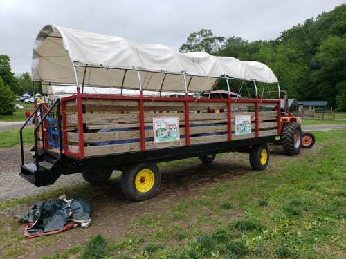 A tractor pulling a covered wagon with wooden sides, parked on a grassy area near trees.