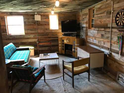 Cozy basement living area with wooden walls, a TV, dartboard, and vintage furniture including a sofa and chairs.