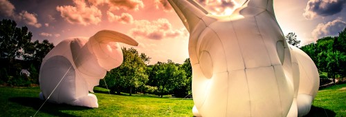 Two large inflatable rabbit sculptures in a grassy field under a colorful sky with clouds.
