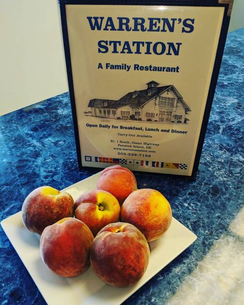 A plate of peaches in front of a sign for Warren's Station, a family restaurant offering breakfast, lunch, and dinner.