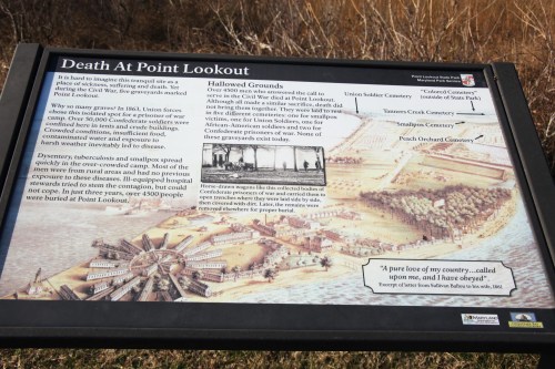 Sign detailing the history of Point Lookout, including cemeteries and the experiences of Union soldiers and African Americans.