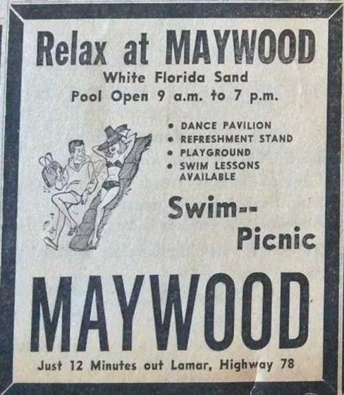 Vintage advertisement for Maywood featuring pool hours, activities like dancing and swimming, and picnic options.