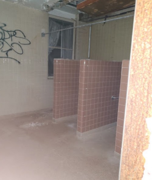 Abandoned restroom with pink tiled stalls, graffiti on the wall, and a dusty floor. Dimly lit with a window.