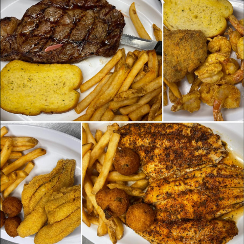 A collage of delicious dishes featuring steak, fried shrimp, fish, fries, and cornbread muffins on white plates.