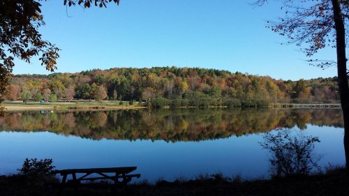 A serene lake surrounded by colorful autumn trees, reflecting the vibrant foliage on a clear blue sky day.