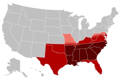 Map of the United States highlighting regions in varying shades of red, indicating different data levels across states.