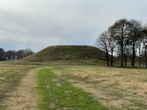 A grassy mound rises in the distance, surrounded by a field and a few trees under a cloudy sky.