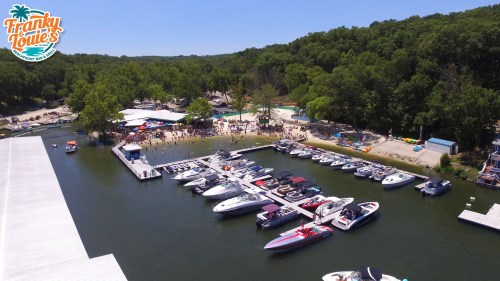 Aerial view of a busy marina with boats docked, surrounded by trees and a beach area with people enjoying the water.
