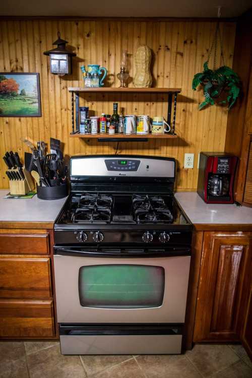 A kitchen scene featuring a stainless steel stove, wooden cabinets, and shelves with various kitchen items and decor.