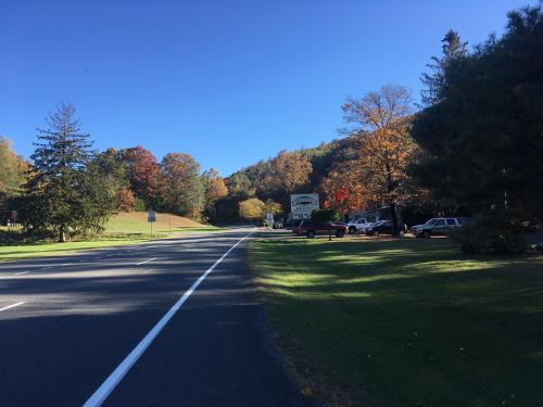 A scenic road lined with trees displaying autumn colors, leading to a sign and parked cars under a clear blue sky.