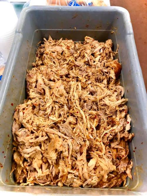 A large container filled with shredded, seasoned pulled pork.