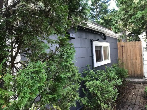 A gray house exterior partially obscured by greenery, featuring a window and a wooden fence in the background.