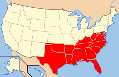 Map of the United States highlighting the Southern region in red, with the rest of the country in light beige.