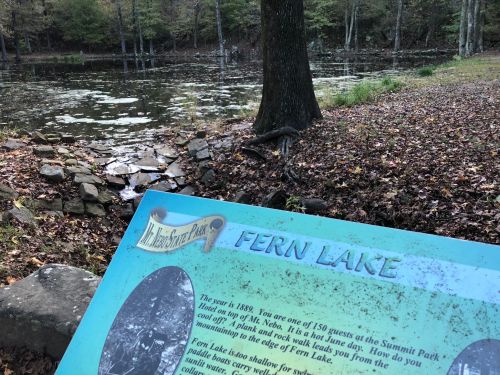A sign about Fern Lake near a calm water body, surrounded by trees in a park setting.