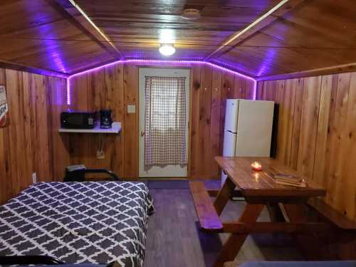 Cozy cabin interior with wooden walls, a bed, dining table, fridge, and purple LED lighting.