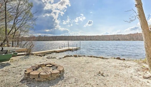 A serene lakeside view with a fire pit, dock, and trees under a partly cloudy sky.