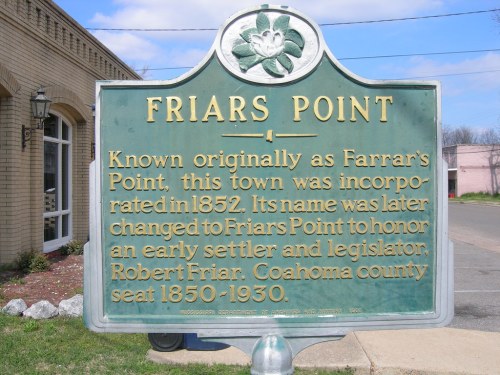 Historical marker for Friars Point, detailing its incorporation in 1852 and naming after settler Robert Friar.