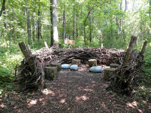 A rustic gathering space in a forest, surrounded by a woven branch structure and log seating, with blue stones on the ground.
