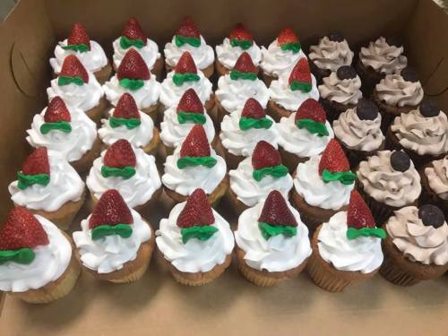 A box of cupcakes: half topped with whipped cream and strawberries, half with chocolate frosting and a dark chocolate piece.