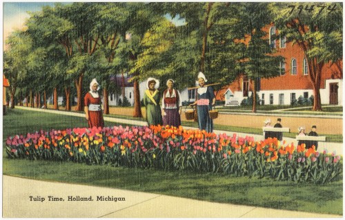 Vintage postcard depicting women in traditional attire standing by a vibrant tulip garden in Holland, Michigan.