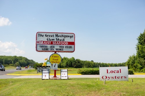 Sign for The Great Machipongo Clam Shack, advertising local seafood, oysters, and a fancy food market.