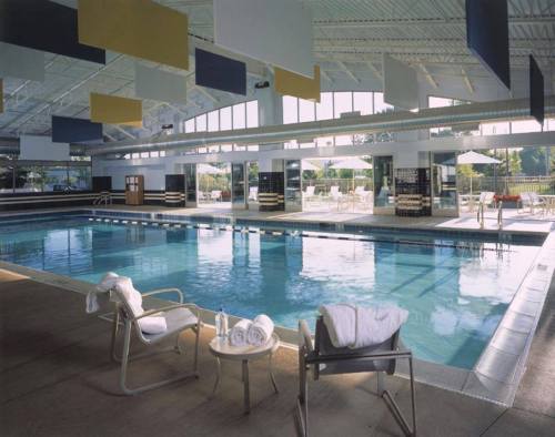 Indoor swimming pool with lounge chairs, towels, and large windows letting in natural light.