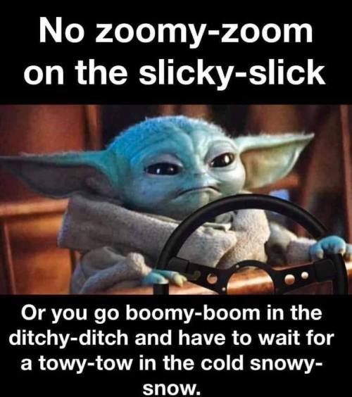 A humorous image of a character driving, warning against reckless driving in snowy conditions.