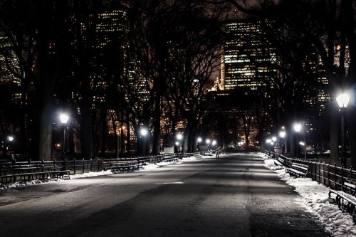 A dimly lit park path at night, lined with benches and trees, with city skyscrapers glowing in the background.