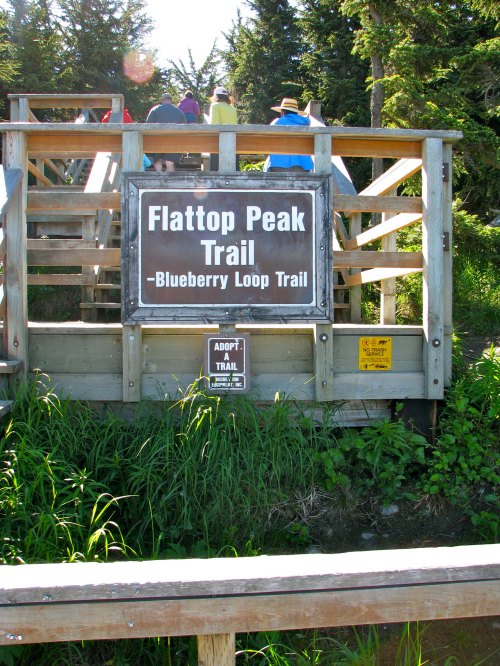 Sign for Flattop Peak Trail and Blueberry Loop Trail, with people in the background and greenery surrounding the area.