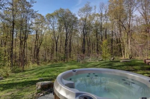 A hot tub sits in a serene forest setting, surrounded by lush greenery and trees under a clear blue sky.