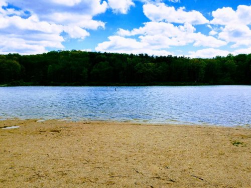 A serene lake surrounded by trees under a partly cloudy sky, with a sandy beach in the foreground.