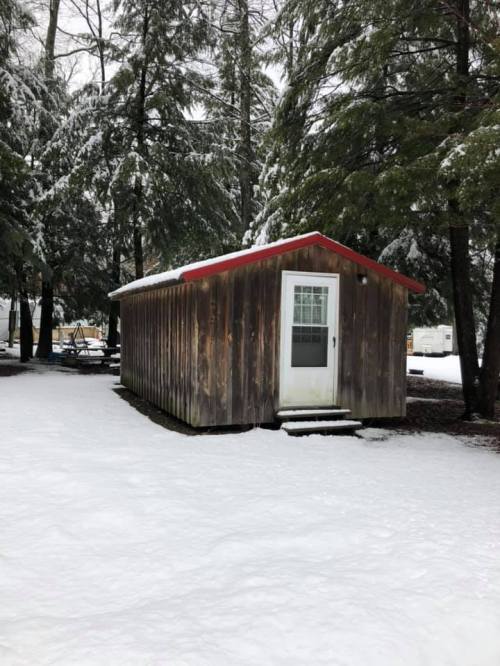A small wooden cabin with a red roof surrounded by snow-covered trees and a snowy ground.