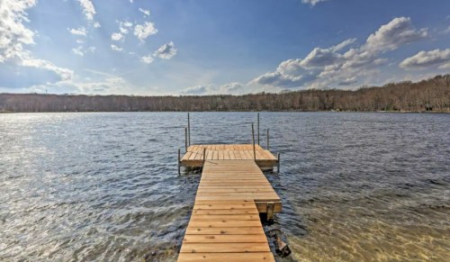 A wooden dock extends into a calm lake, surrounded by trees under a partly cloudy sky.