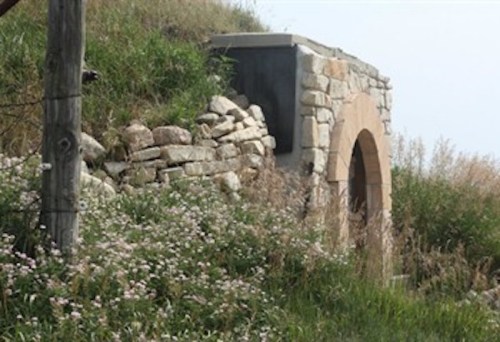 A stone archway partially covered by grass and wildflowers, set against a hillside.