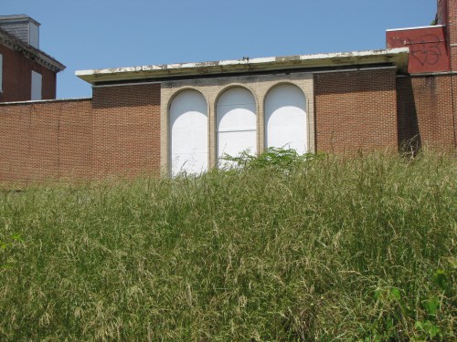 A brick wall with three arched windows, partially obscured by tall grass and weeds under a clear blue sky.