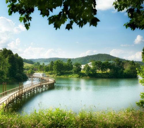 A serene landscape featuring a wooden bridge over a calm lake, surrounded by lush greenery and distant hills.