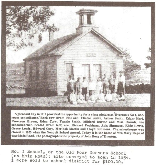 Historic photo of Tiverton's No. 1 schoolhouse in 1910, featuring students and teachers outside the building.