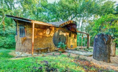 A whimsical, earthy cottage with a curved roof, surrounded by greenery and a wooden bench in front.