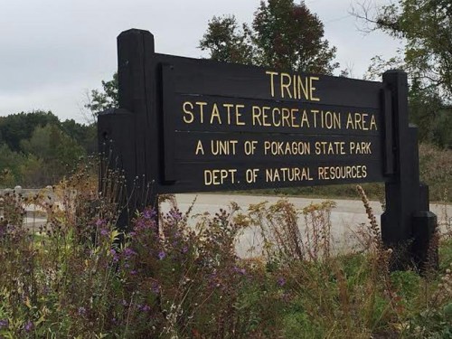 Sign for Trine State Recreation Area, part of Pokagon State Park, surrounded by greenery and wildflowers.