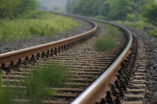 A close-up view of a curved railway track with grass growing between the ties, surrounded by greenery.